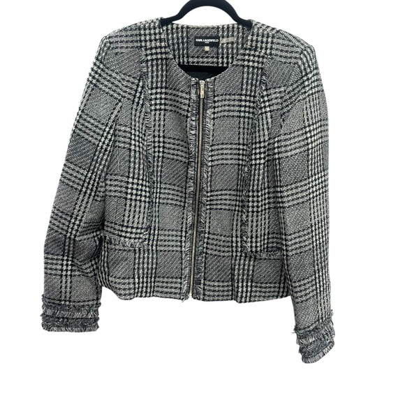 Karl Lagerfeld Jackets & Blazers - Karl Lagerfeld Black and White Plaid Blazer Jacket Paris Tweed Peplum Fringe
